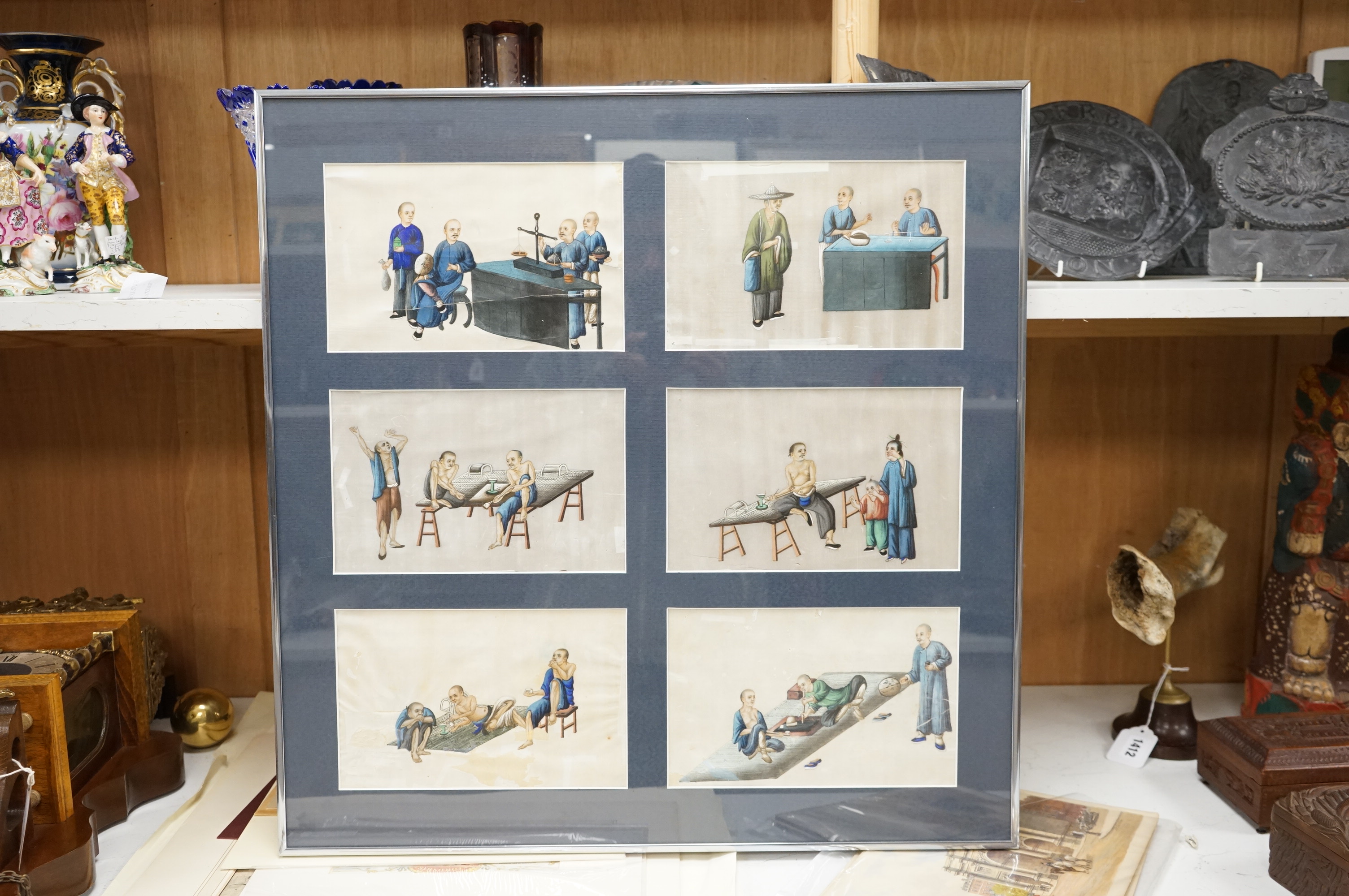 Late 19th / early 20th century, Chinese School, set of six pith paper paintings, Interior scenes with figures, each 15 x 24cm, paper in poor condition